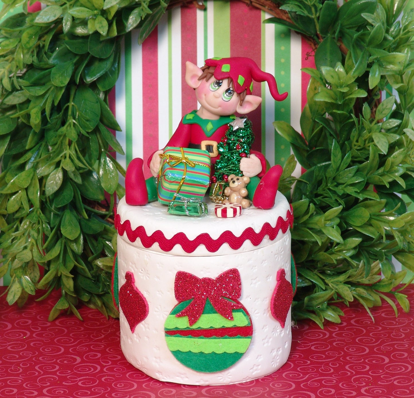 Elf Candy or Trinket Jar - Handmade Polymer Clay Christmas Decor