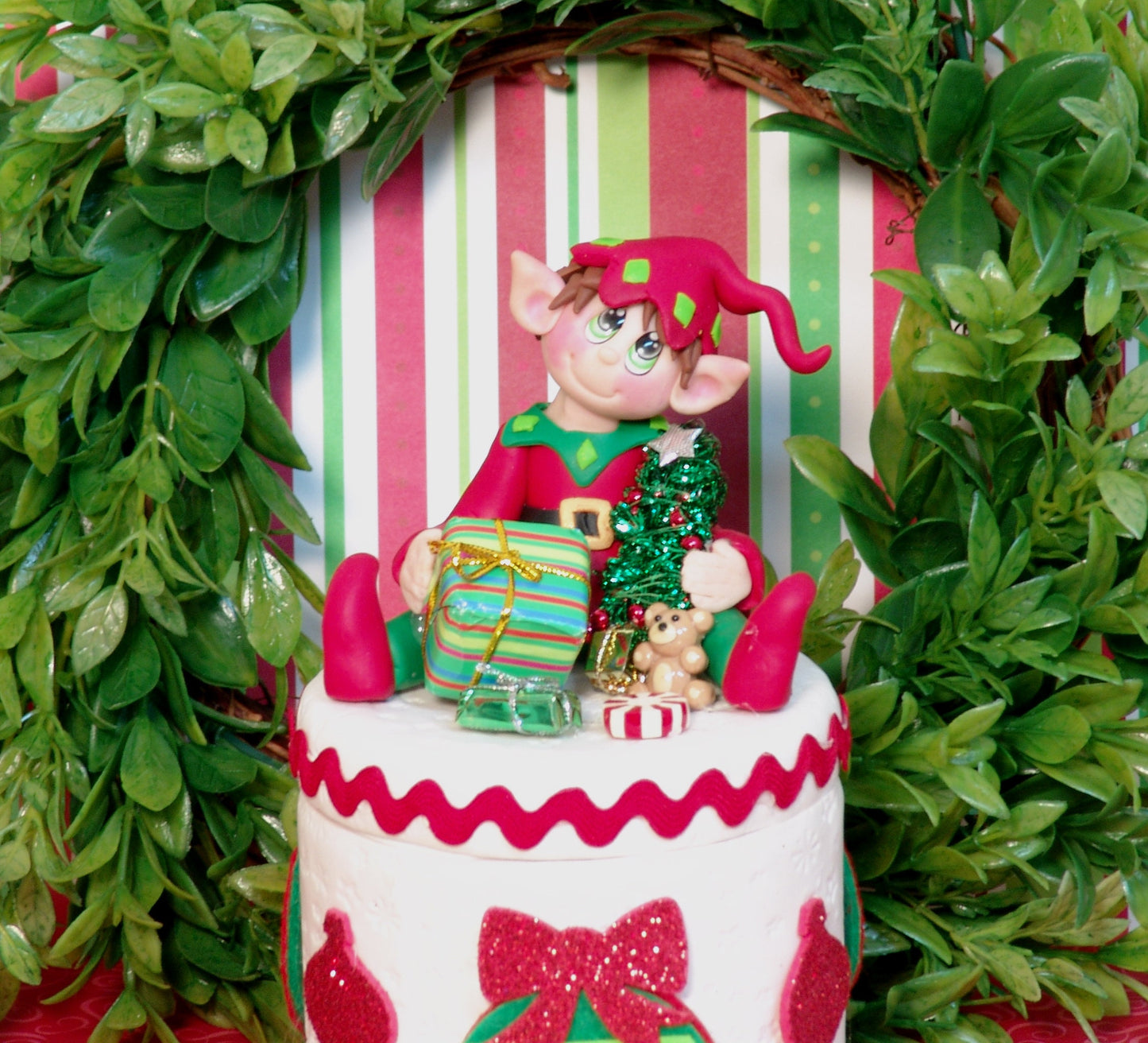 Elf Candy or Trinket Jar - Handmade Polymer Clay Christmas Decor