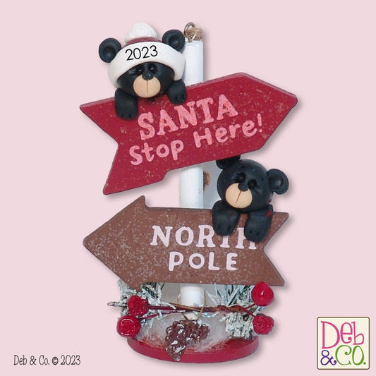 Two Black Bears on North Pole Sign HANDMADE POLYMER CLAY Personalized Christmas Ornament