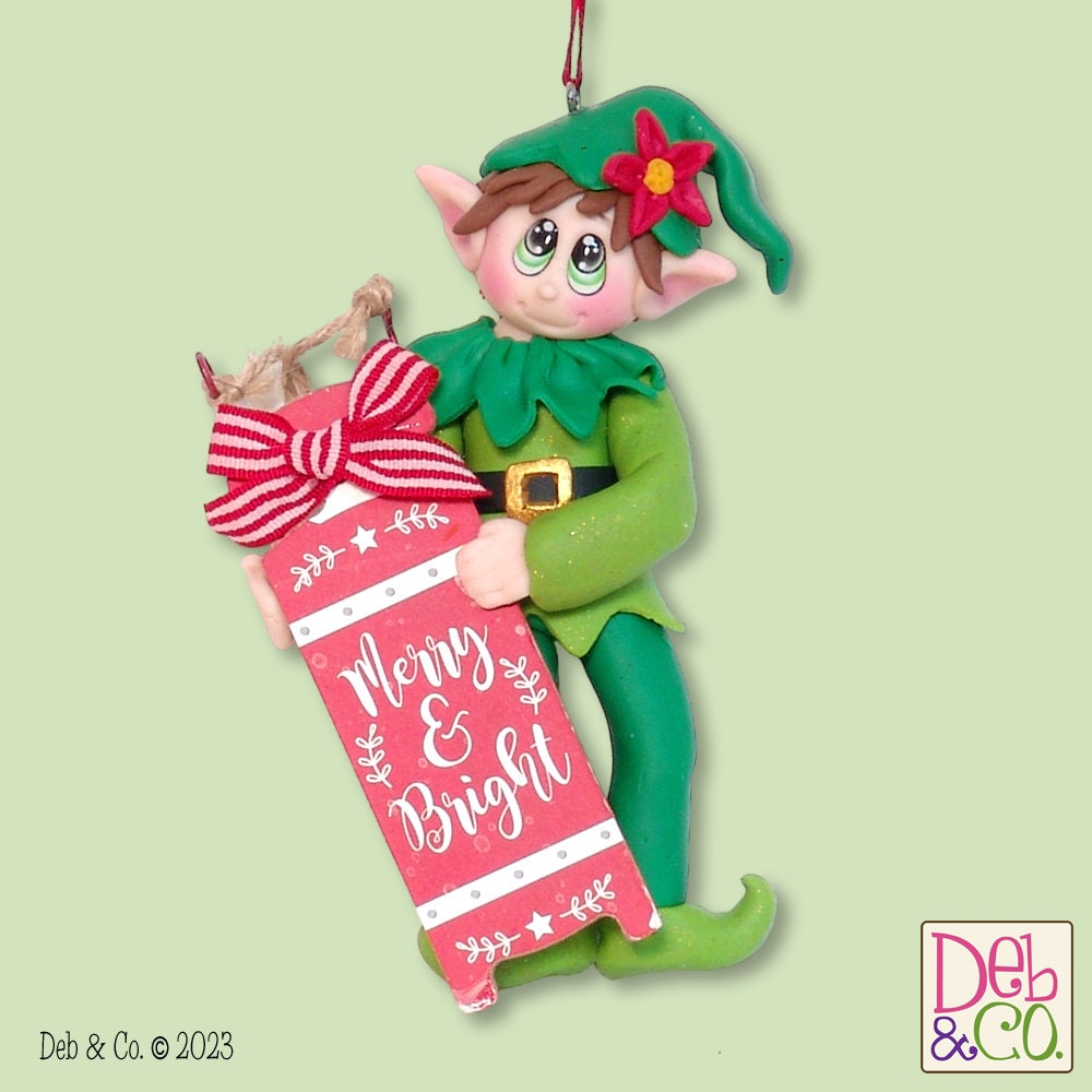 Vinny the Elf with Sled - HANDMADE  Polymer Clay Christmas Ornament