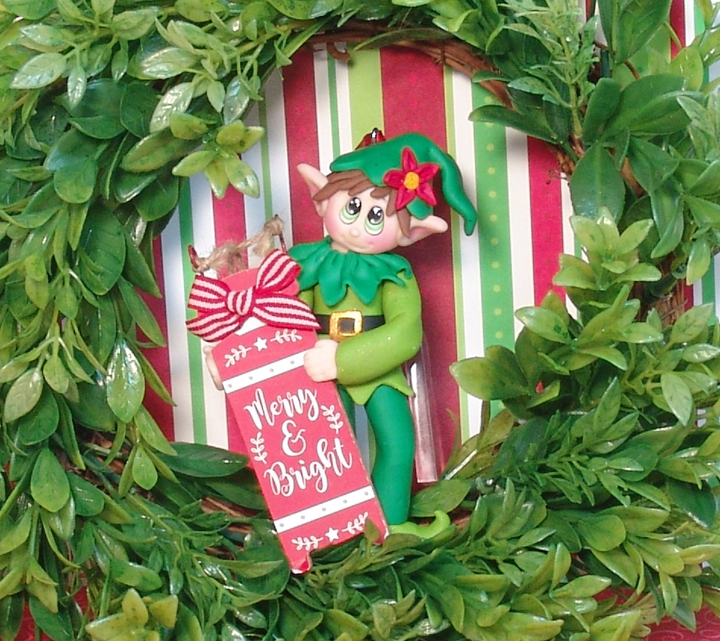 Vinny the Elf with Sled - HANDMADE  Polymer Clay Christmas Ornament