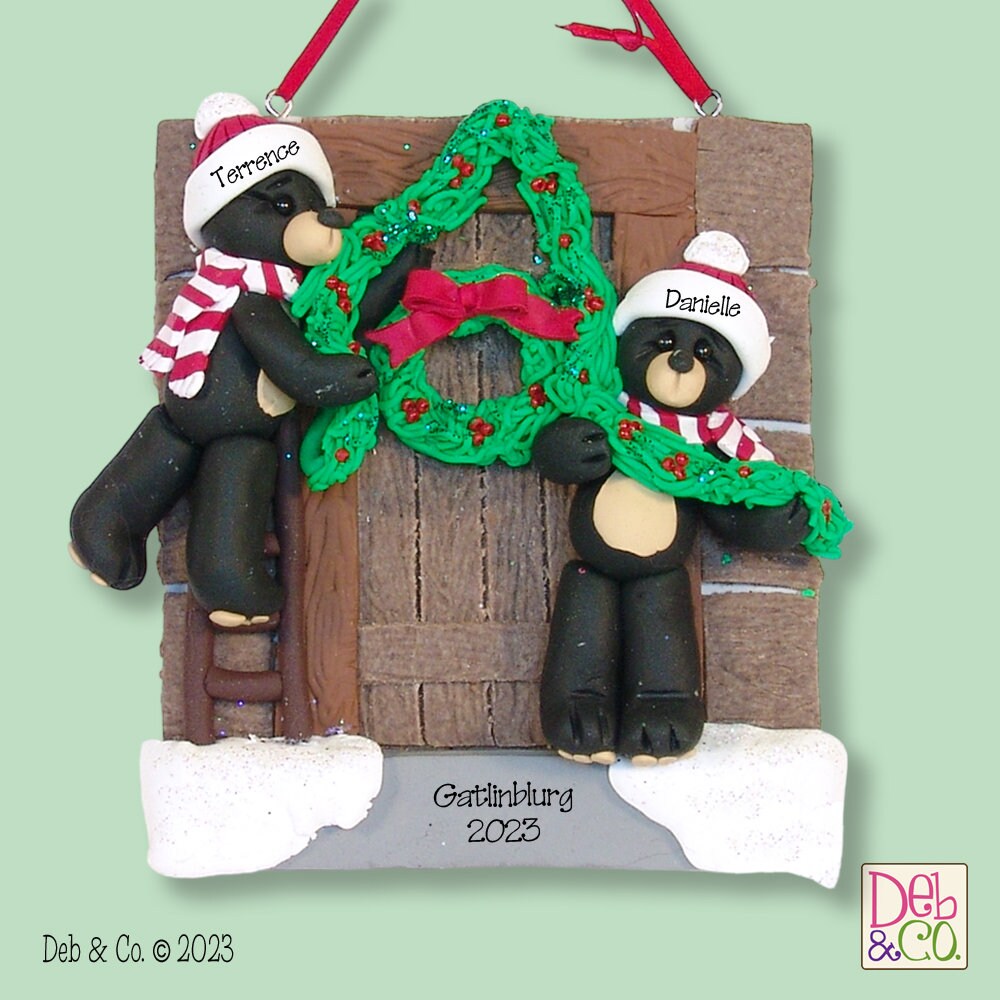 Black Bear Couple at Log Cabin Personalized Christmas Plaque HANDMADE POLYMER CLAY Tabletop Decor