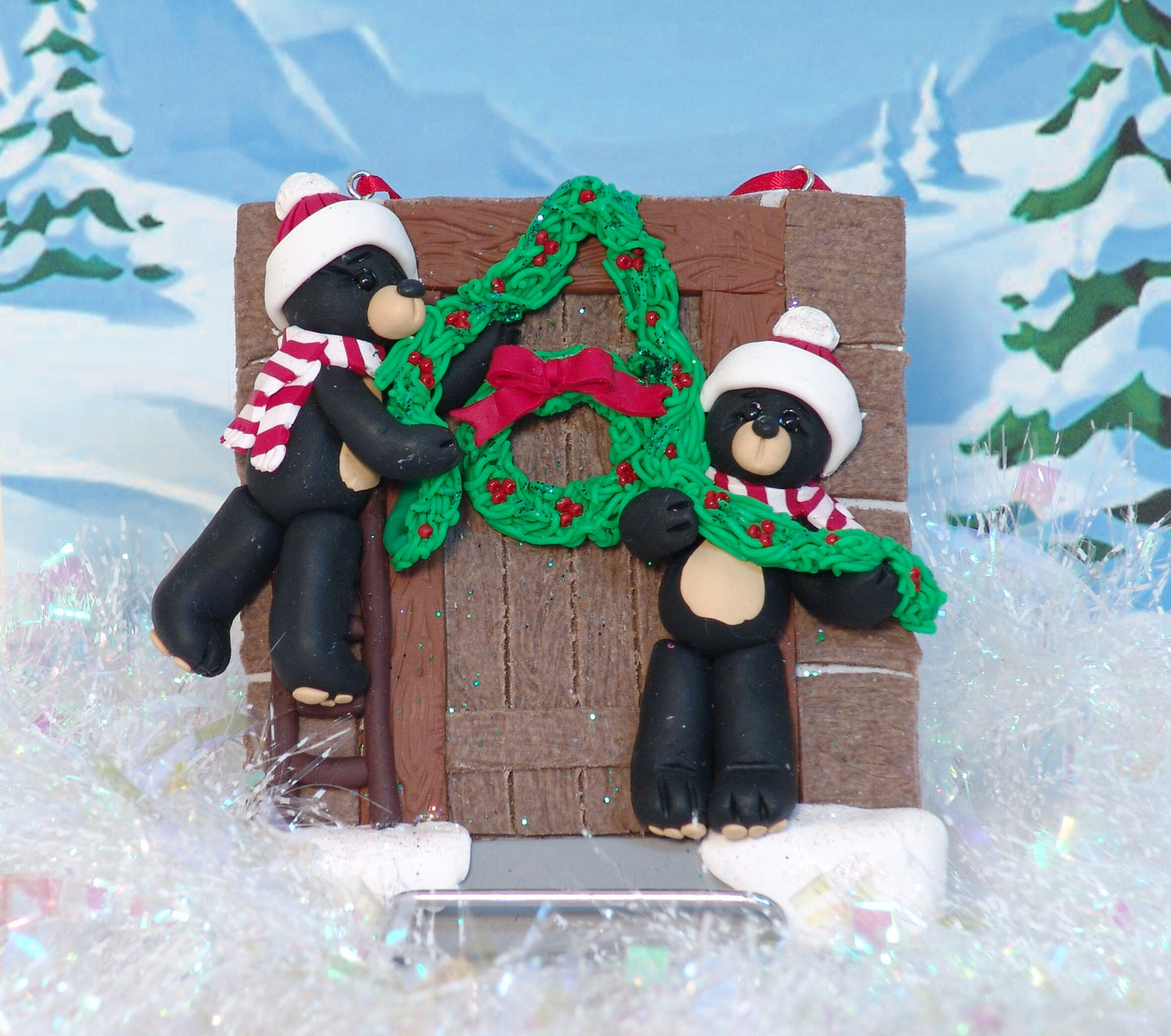 Black Bear Couple at Log Cabin Personalized Christmas Plaque HANDMADE POLYMER CLAY Tabletop Decor