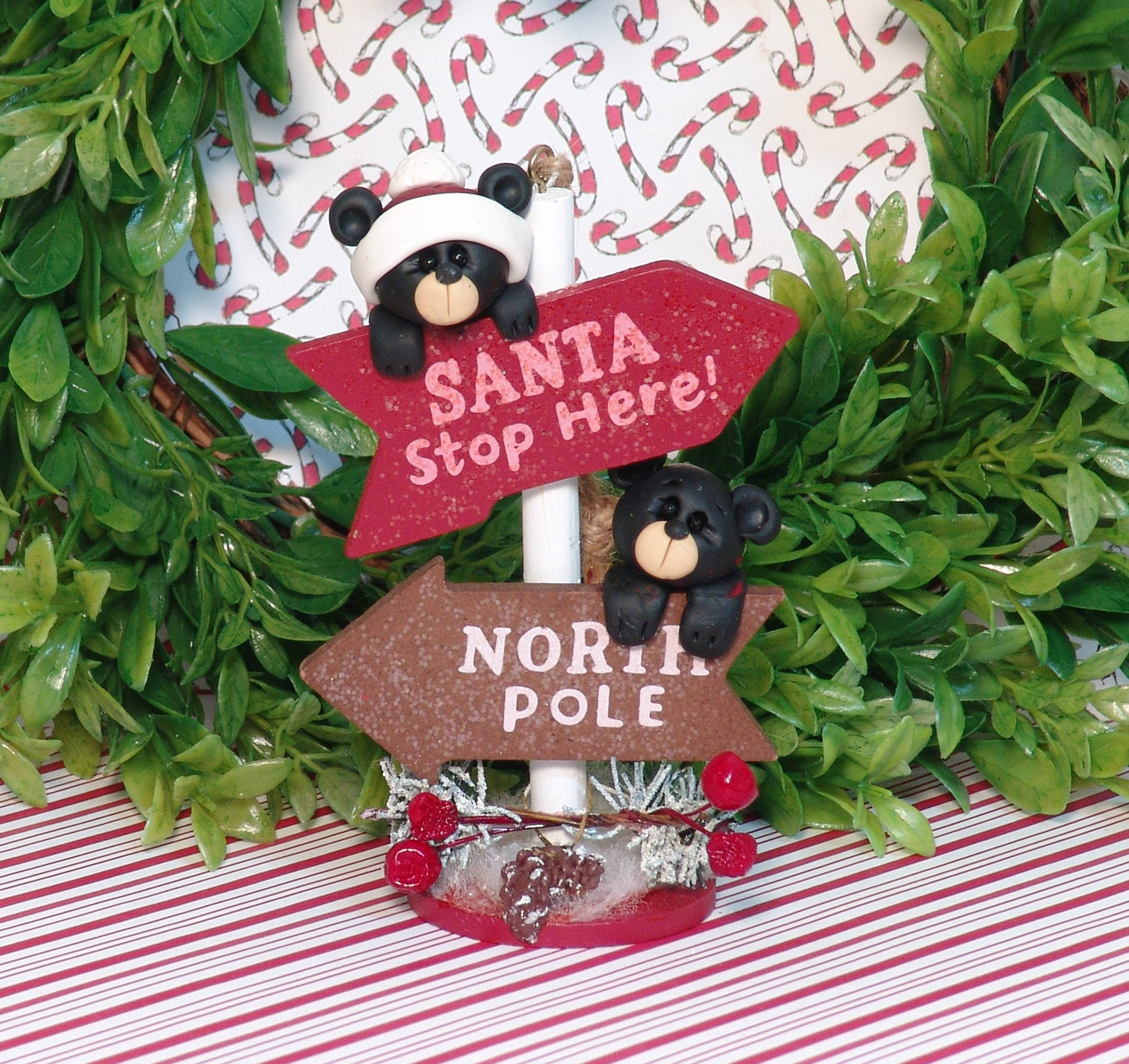 Two Black Bears on North Pole Sign HANDMADE POLYMER CLAY Personalized Christmas Ornament