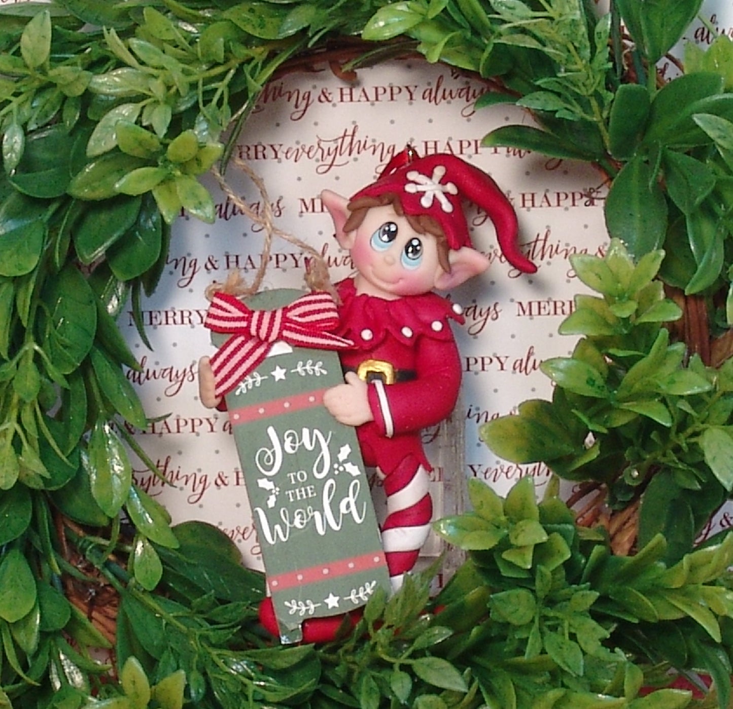 Ronny the Elf with Sled - HANDMADE  Polymer Clay Christmas Ornament