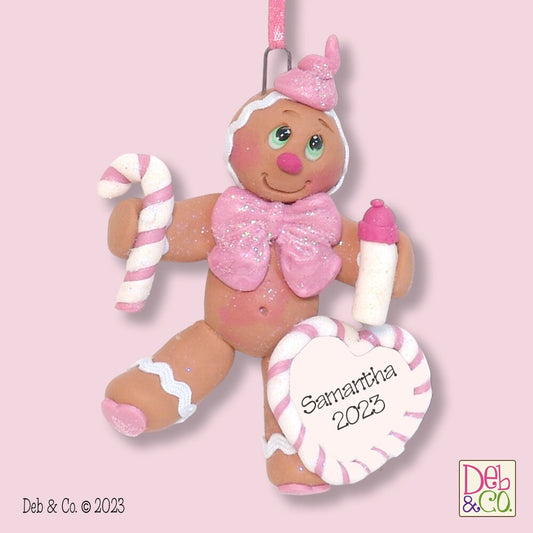 Gingerbread Baby's First Christmas - Baby GIRL- Handmade Polymer Clay  Personalized Christmas Ornament