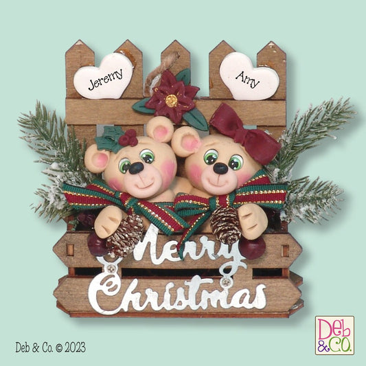 Bear Couple in Wooden Box HANDMADE POLYMER CLAY Personalized Couples Christmas Ornament