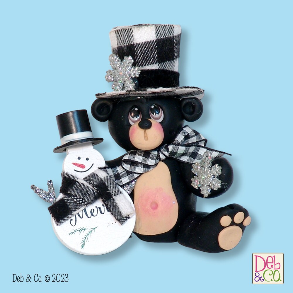 Personalized black bear with Top Hat and Snowman Figurine Handmade POLYMER CLAY