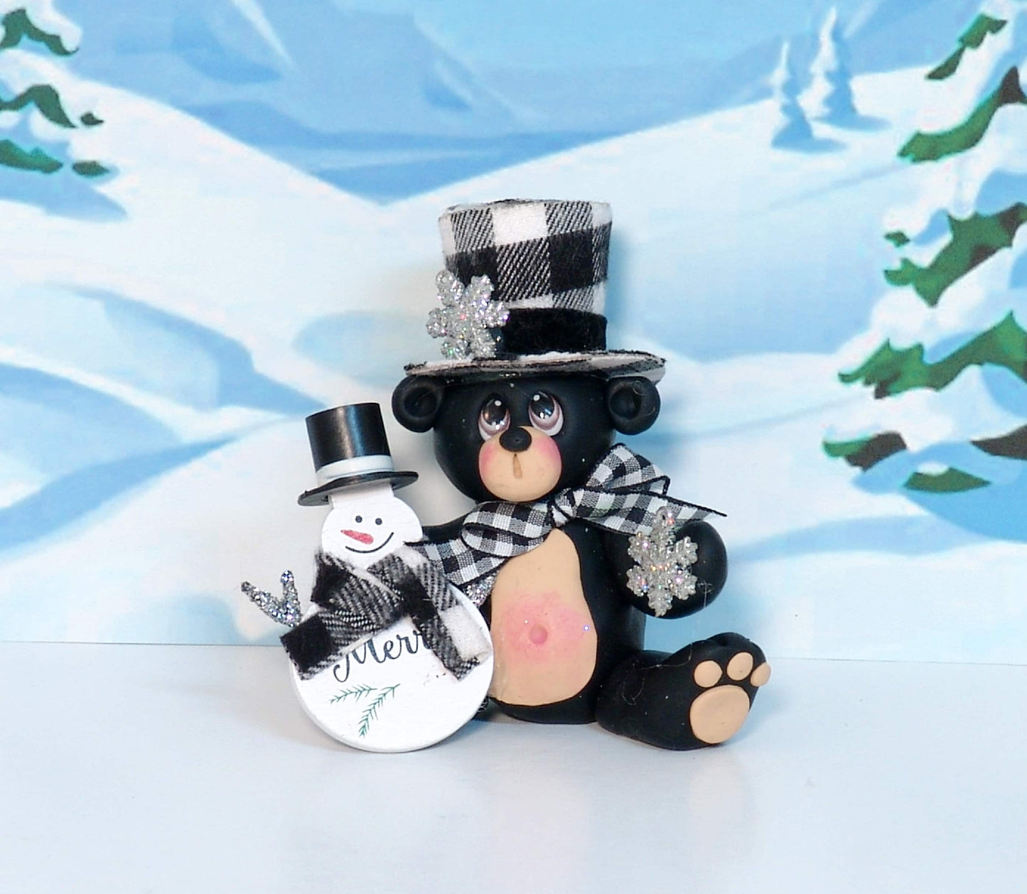 Personalized black bear with Top Hat and Snowman Figurine Handmade POLYMER CLAY