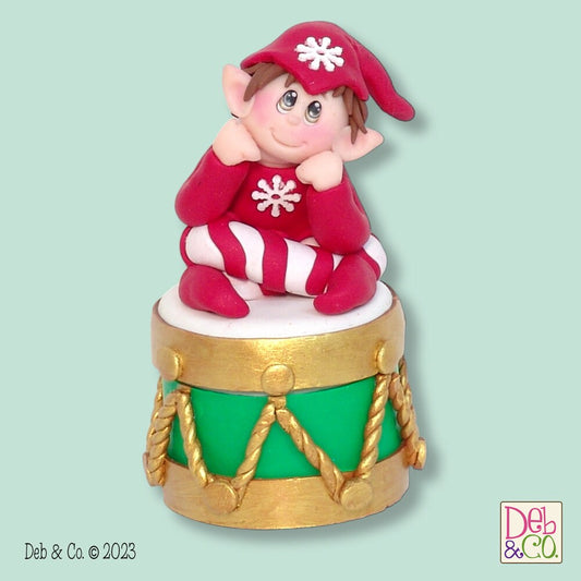 Elf on Drum Candy or Trinket Jar - Handmade Polymer Clay Christmas Decor