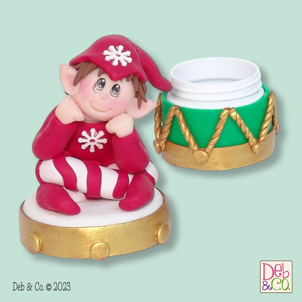 Elf on Drum Candy or Trinket Jar - Handmade Polymer Clay Christmas Decor