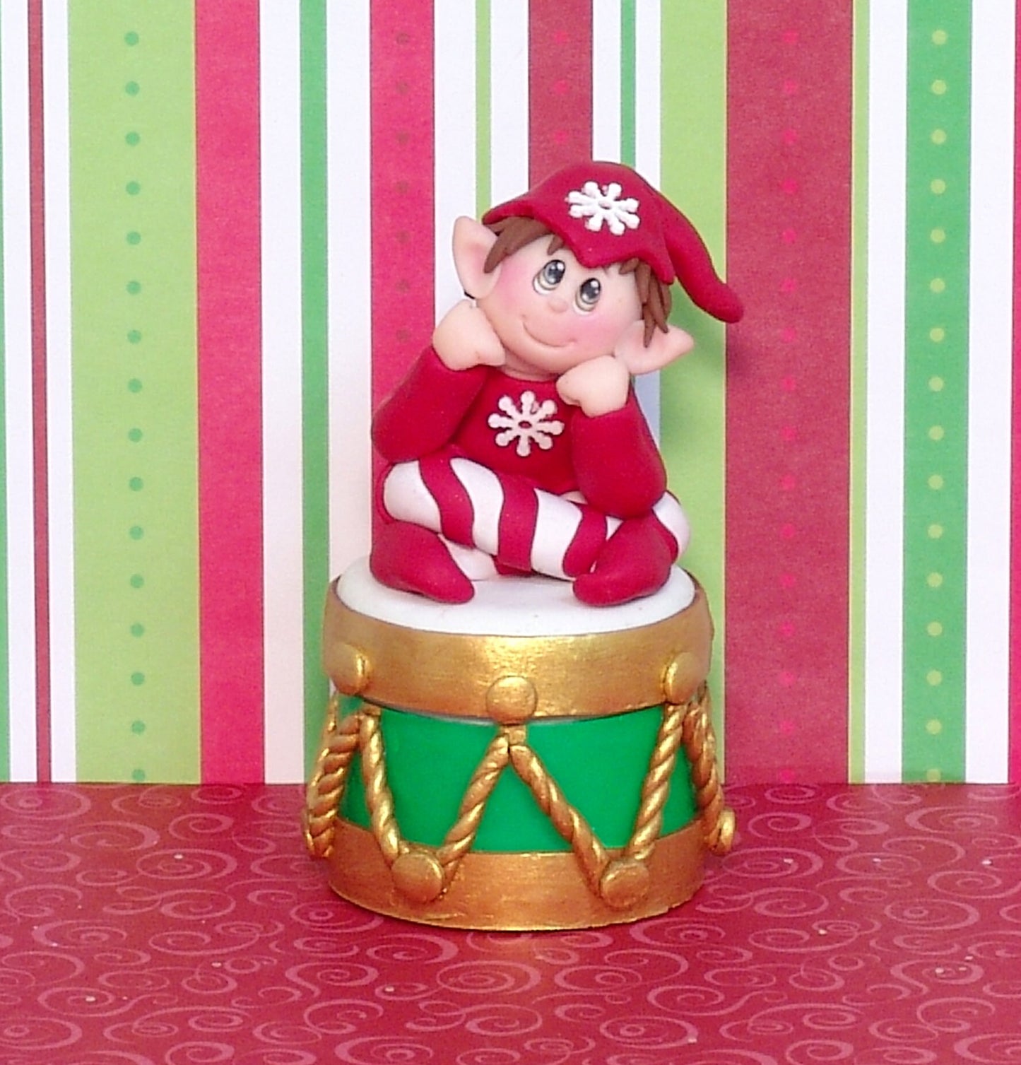 Elf on Drum Candy or Trinket Jar - Handmade Polymer Clay Christmas Decor