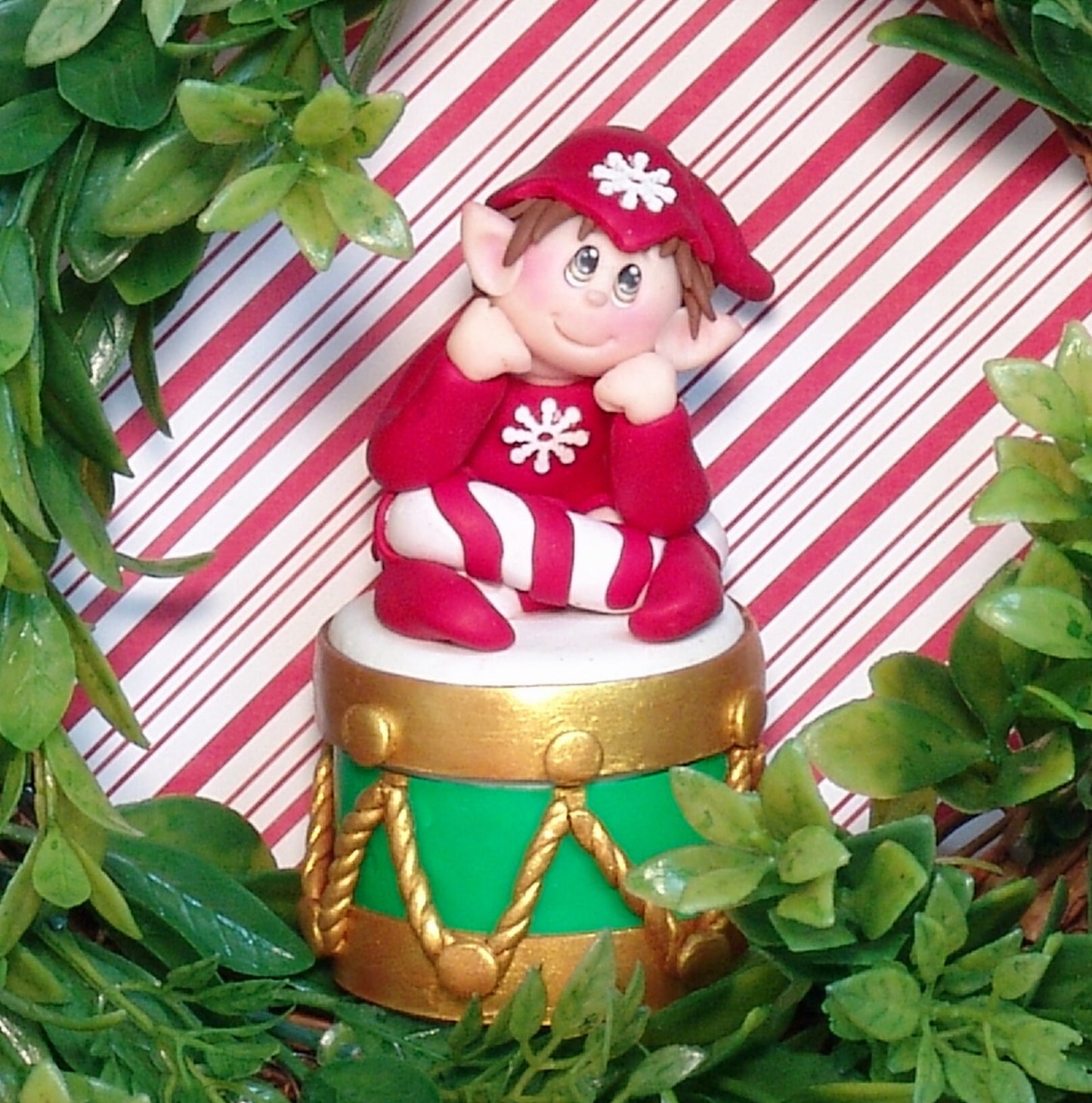 Elf on Drum Candy or Trinket Jar - Handmade Polymer Clay Christmas Decor