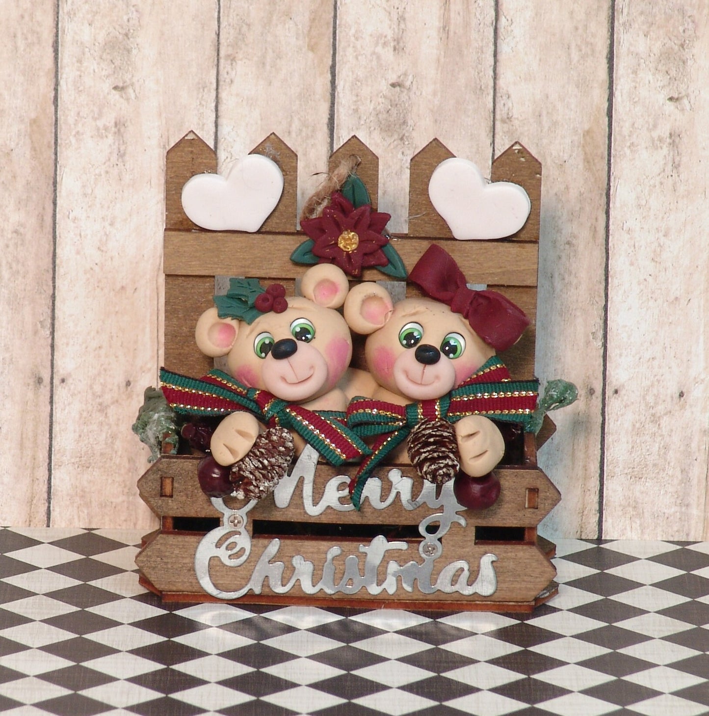 Bear Couple in Wooden Box HANDMADE POLYMER CLAY Personalized Couples Christmas Ornament