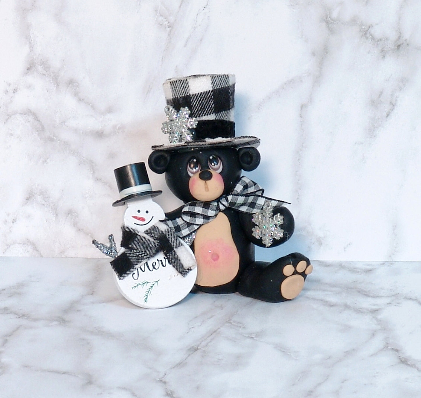 Personalized black bear with Top Hat and Snowman Figurine Handmade POLYMER CLAY