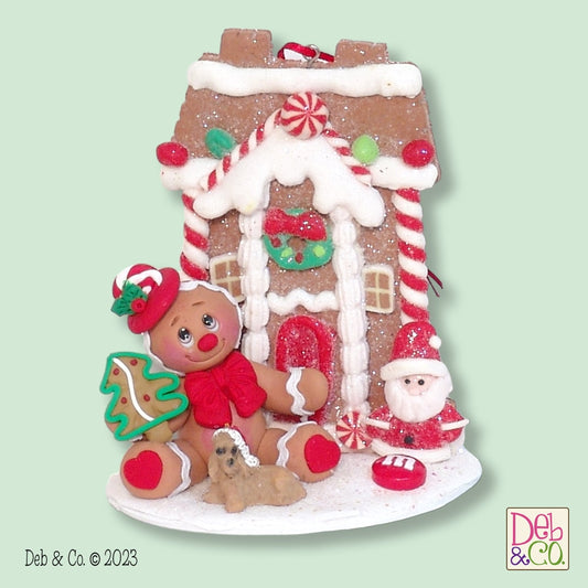 Gingerbread Clay Figure with Gingerbread House HANDMADE POLYMER CLAY Gingy Christmas Figurine - Tiered Tray Decor