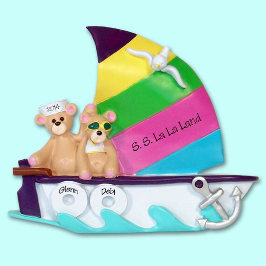 Couples Ornament, Sailing Ornament, Personalized Couples Ornament, Belly Bear Couple in Sailboat, RESIN Personalized Christmas Ornament