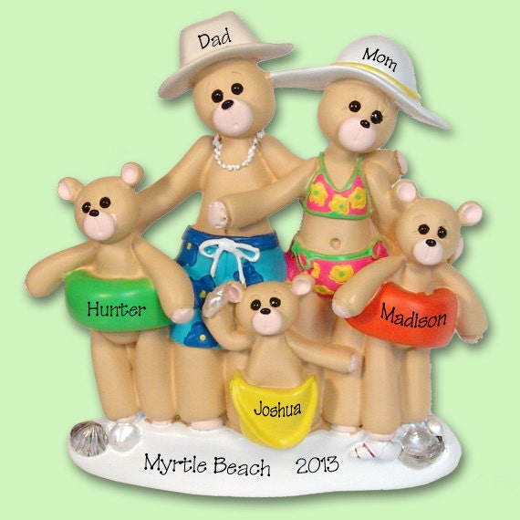 Belly Bear Beach Family of 5 Hand Painted RESIN Personalized Christmas Ornament