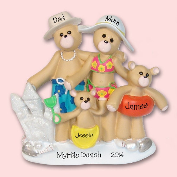 Belly Bear Beach Family of 4 Hand Painted RESIN Personalized Christmas Ornament