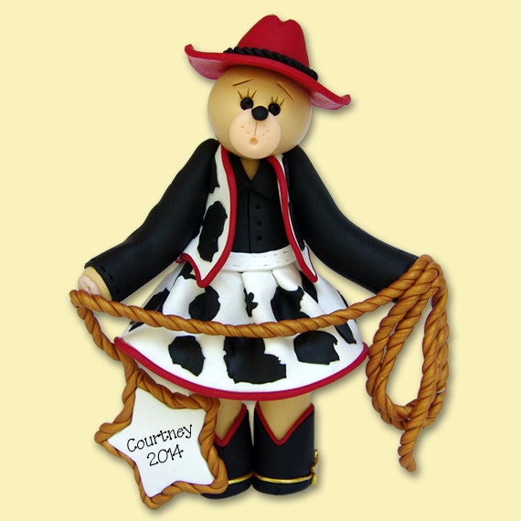 Belly Bear Cowgirl HANDMADE Polymer Clay Ornament - Personalized Christmas Ornament in Custom Gift Box