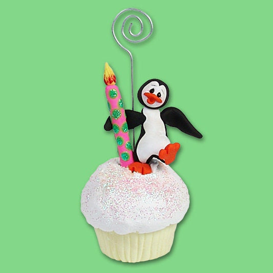 PETEY PENGUIN Birthday Cupcake Photo Holder / Place Card Holder - HANDMADE Polymer Clay