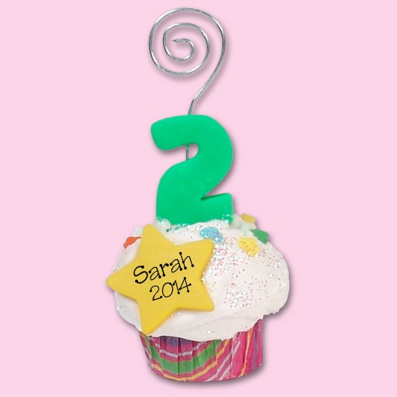 Birthday 2 Year Cupcake Photo Holder / Place Card Holder - HANDMADE Polymer Clay