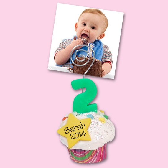 Birthday 2 Year Cupcake Photo Holder / Place Card Holder - HANDMADE Polymer Clay