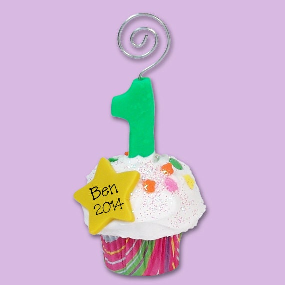 Birthday 1 Year Cupcake Photo Holder / Place Card Holder - HANDMADE Polymer Clay