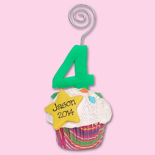 Birthday 4 Year Cupcake Personalized  Photo Holder / Place Card Holder - HANDMADE Polymer Clay