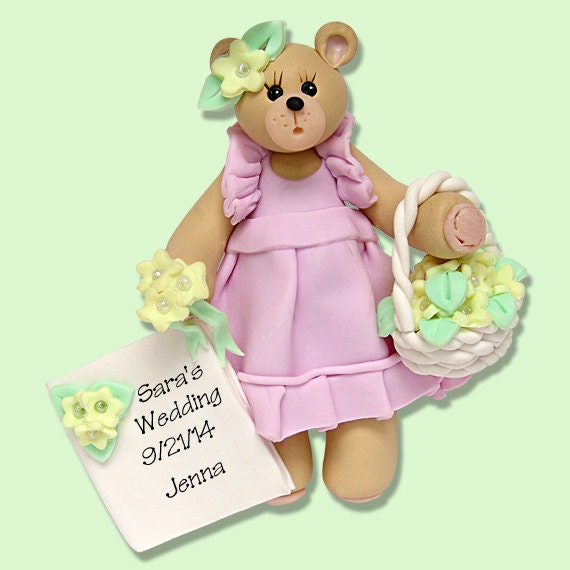 Belly Bear Personalized FLOWER GIRL Ornament, HANDMADE Polymer Clay, Personalized Wedding Party Ornament, Wedding Party Gifts Personalized