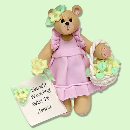 Belly Bear Personalized FLOWER GIRL Ornament, HANDMADE Polymer Clay, Personalized Wedding Party Ornament, Wedding Party Gifts Personalized