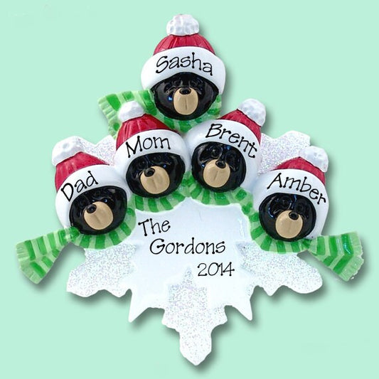 Black Bear Family of 5 on Snowflake Hand Painted RESIN Personalized Christmas Ornament