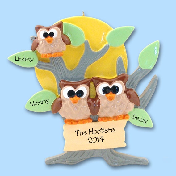 HOOT OWL Family of 3 Hand Painted RESIN Personalized Christmas Ornament