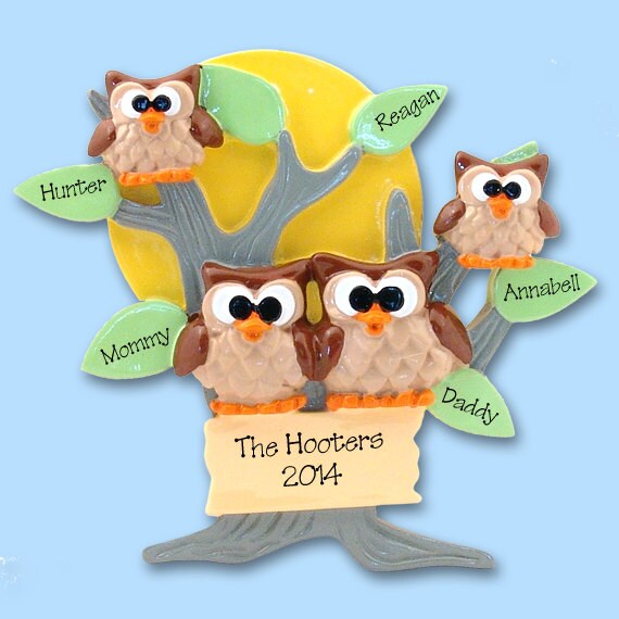 HOOT OWL Family of 4 Hand Painted RESIN Personalized Christmas Ornament