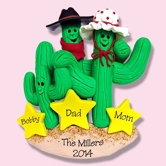 Cactus Family of 3 HANDMADE Polymer Clay Personalized Christmas Ornament - Western