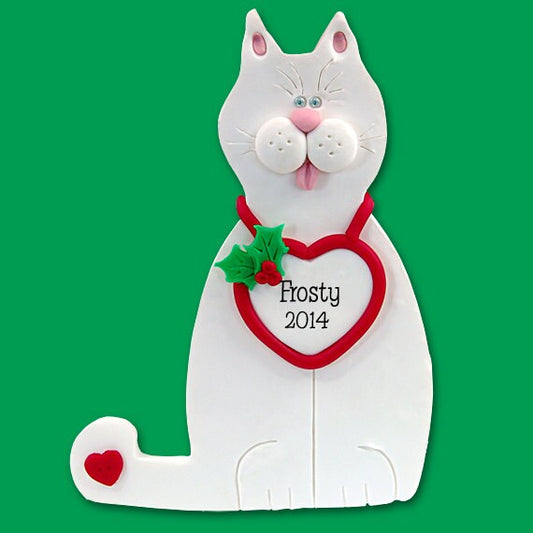 White KITTY CAT HANDMADE Polymer Clay Personalized Christmas Ornament