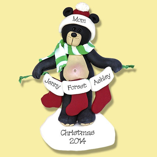 Black Bear w/3 Stockings - Single Parent, 3 Kids, 3 Grandkids Ornament - HANDMADE POLYMER CLAY Personalized Christmas Ornament