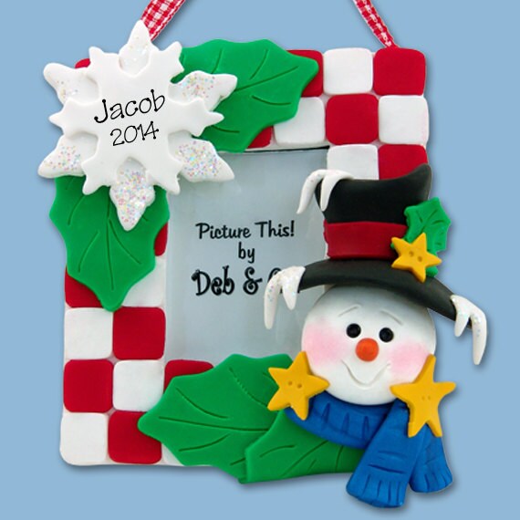 Snowman Photo Frame  HANDMADE POLYMER Clay Personalized Christmas Ornament