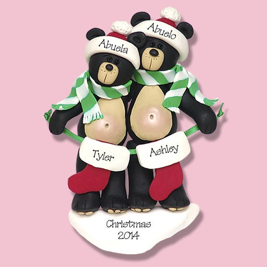 Black Bear Couple w/Stocking HANDMADE POLYMER CLAY Personalized Christmas Ornament - Limited Edition