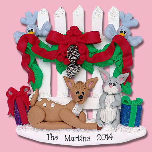 Picket Fence w/Rabbit & Deer HANDMADE POLYMER CLAY Personalized Christmas Ornament