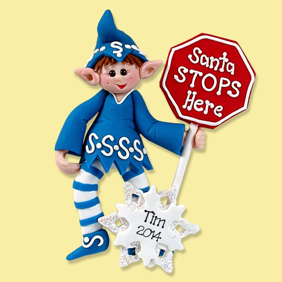 Elf with Stop Sign - HANDMADE  Polymer Clay Personalized Christmas Ornament