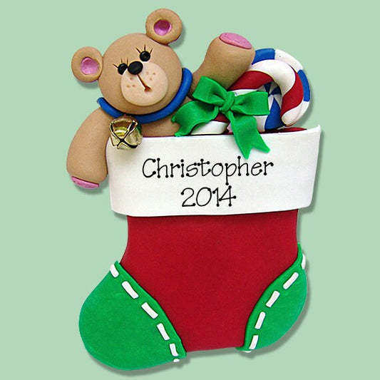 BEAR in Stocking - Handmade Polymer Clay Personalized Christmas Ornament