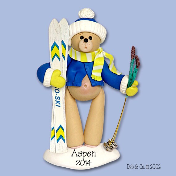 SKI - Belly Bear Skier Handmade Polymer Clay Personalized Christmas Ornament