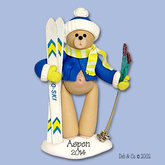 SKI - Belly Bear Skier Handmade Polymer Clay Personalized Christmas Ornament