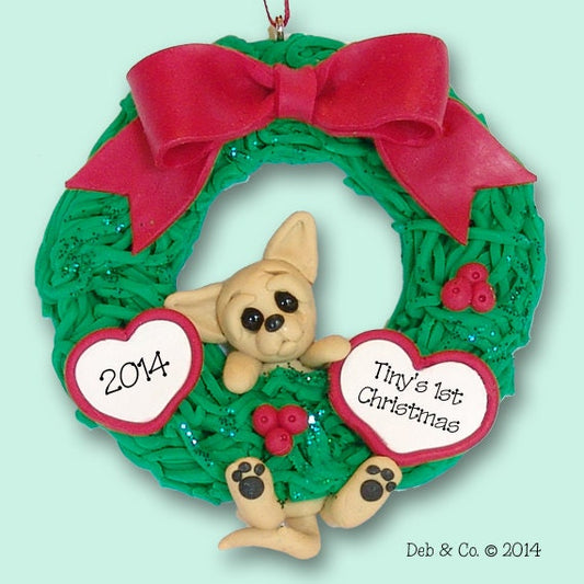 Chihuahua PUPPY DOG  Hanging in Wreath HANDMADE Polymer Clay Personalized Christmas Ornament