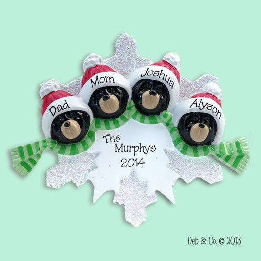 Black Bear Family of 4 on Snowflake Hand Painted RESIN Personalized Christmas Ornament