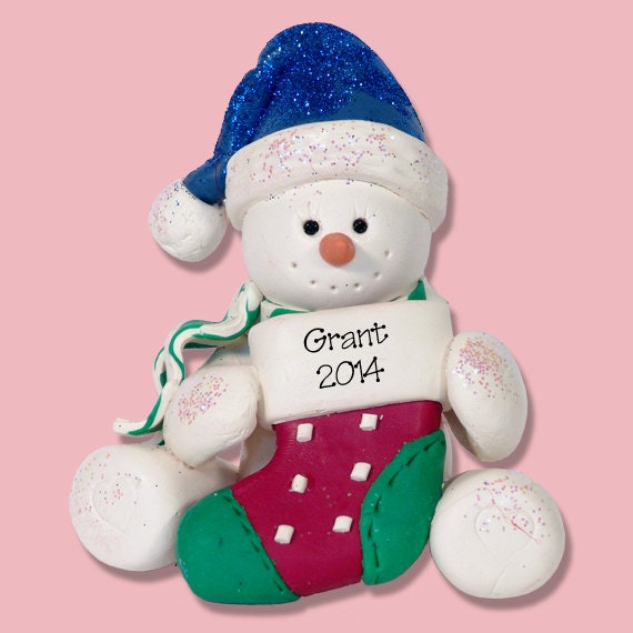 Sitting Snowman with Stocking HANDMADE POLYMER CLAY Personalized Christmas Ornament