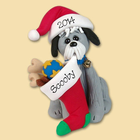 Christmas Puppy Dog w/Stocking Handmade Polymer Clay Personalized Christmas Ornament