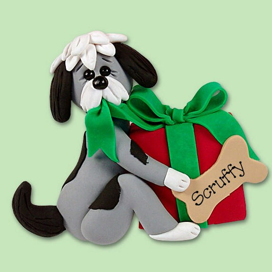 Christmas Puppy Dog w/Christmas Gift - Handmade  Polymer Clay Personalized Christmas Ornament