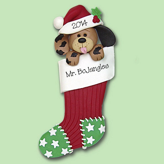 Christmas Puppy Dog in Stocking  Handmade  Polymer Clay Personalized Christmas Ornament